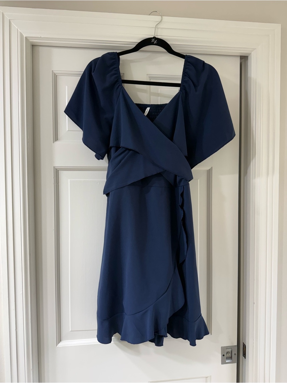 Elegant Navy Ruffle Wrap Midi Dress